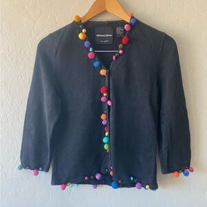 Michael Simon Black Cardigan with Pom Pom Multicolor Accents, Size M